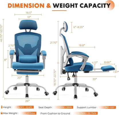 Home Office Desk Chair with Footrest, High-Back Mesh Rolling Swivel Reclining Chairs with Wheels, Comfortable Headrest, Lumbar Support, Comfy Arms
