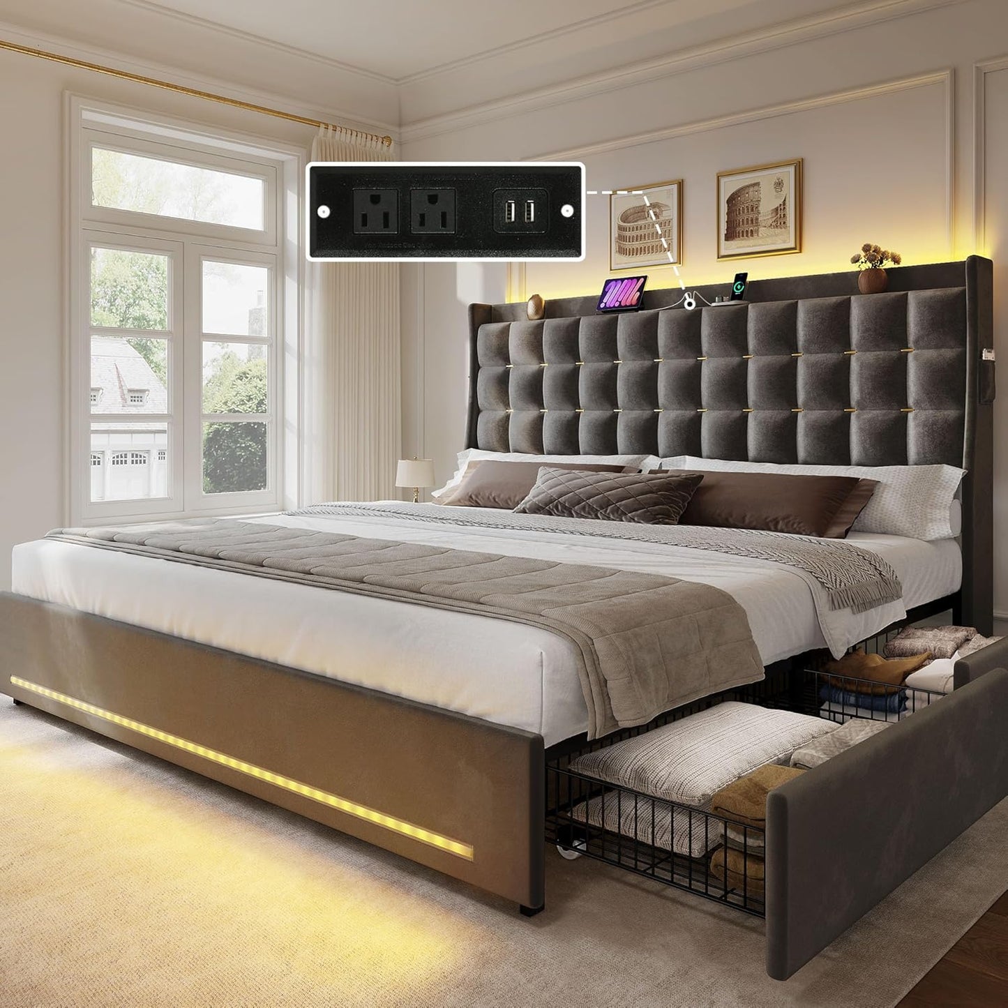 King Size Bed Frame with 4 Drawers and RGB LED Lights, Velvet Upholstered Platform Bed with Charging Station and Storage Headboard, No Box Spring Needed, Easy Assembly, Noise-Free, Grey