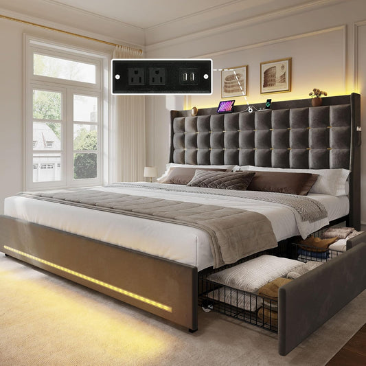 King Size Bed Frame with 4 Drawers and RGB LED Lights, Velvet Upholstered Platform Bed with Charging Station and Storage Headboard, No Box Spring Needed, Easy Assembly, Noise-Free, Grey
