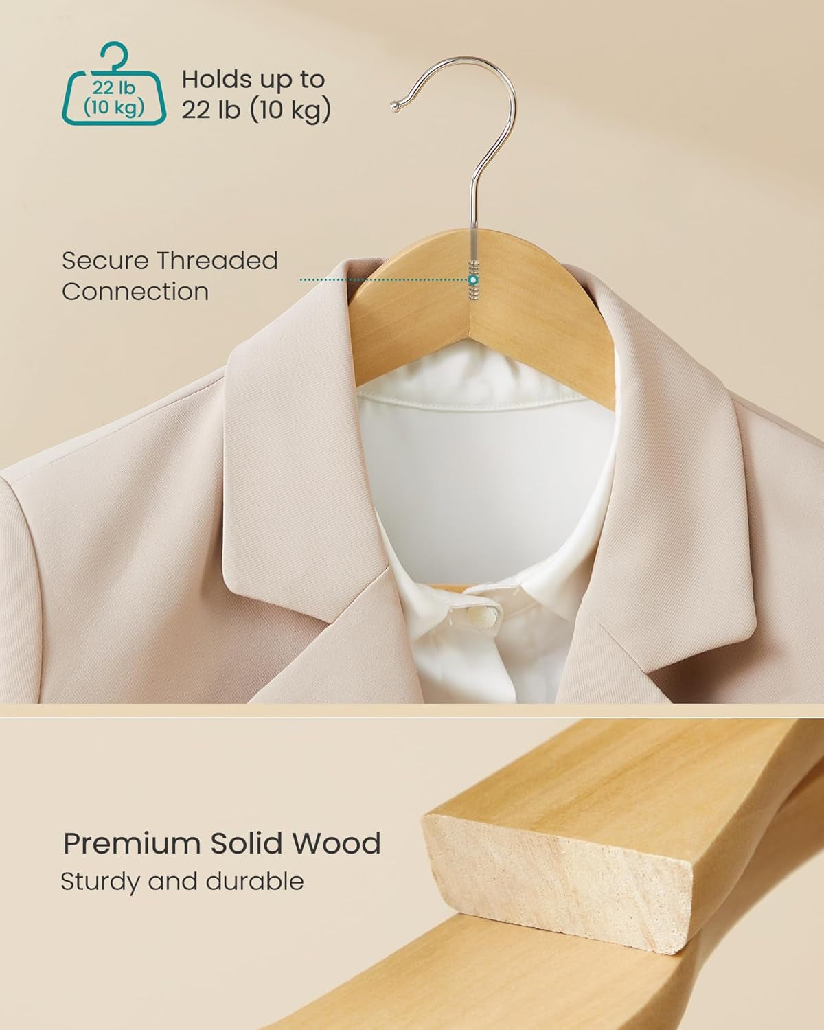 Extra Wide Wooden Suit Hangers, Set of 10 Clothes Hangers, Swivel Hooks, Non-Slip Bars, for Outfits, Suits, Coats, Shirts, Dresses, Natural Color UCRW050KZ02