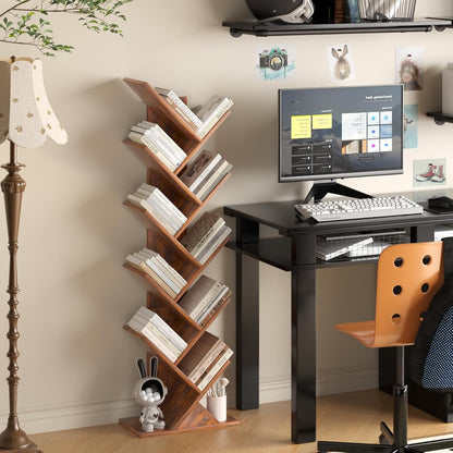 10 Tier Tree Book Shelf, Floor Standing Wood Bookshelf for Narrow Space, Storage Organizer Bookshelves for Books/Cds/Magazine, Bookcase with Shelves for Home Office, Living Room - Brown