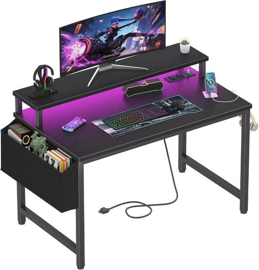 Small Desk with Power Outlets and LED Lights, 32 Inch Teen Writing Study Table Home Office Computer Desks with Monitor Stand, Gaming Desk with Charging Station, Black