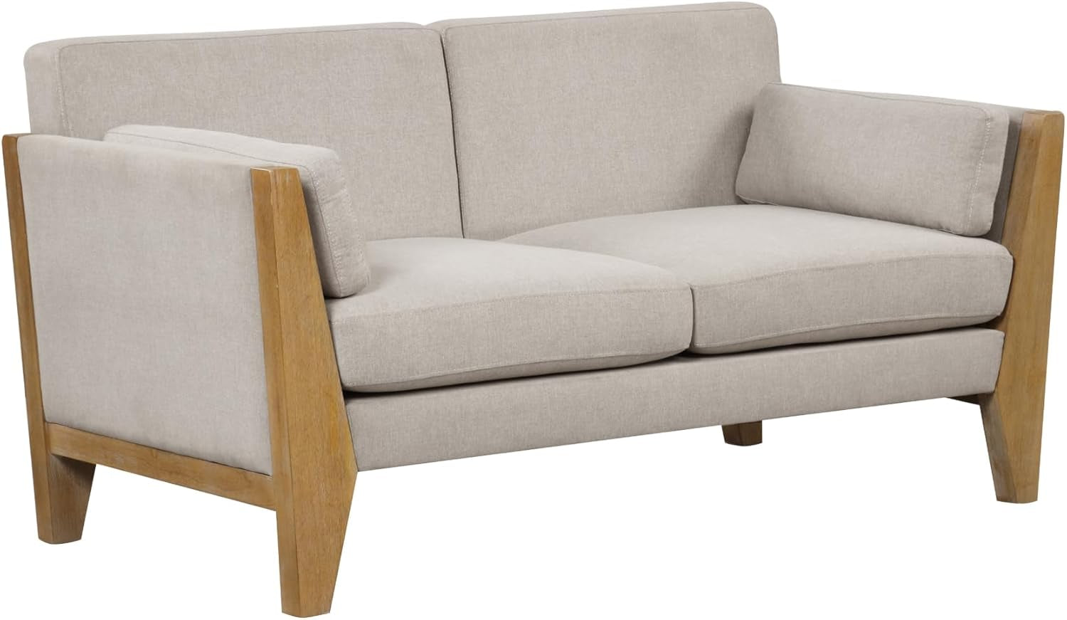 Zion 2-Seater Modern Farmhouse Sofa with Linen Upholstery and Solid Wood Arms, Sand/Light Brown Wood