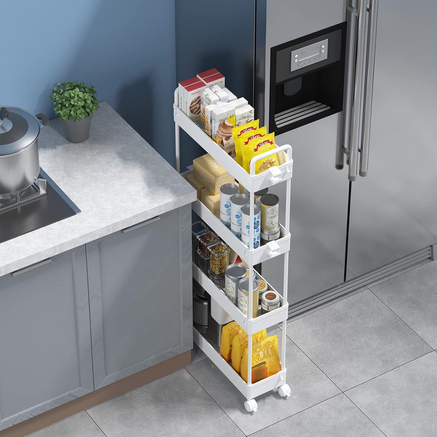 Slim Rolling Storage Cart with Wheels 4 Tier Skinny Bathroom Storage Organizer Narrow Shelf Unit Thin Laundry Room Utility Cart for Bedside Kitchen Office Next to Fridge Small Places, White
