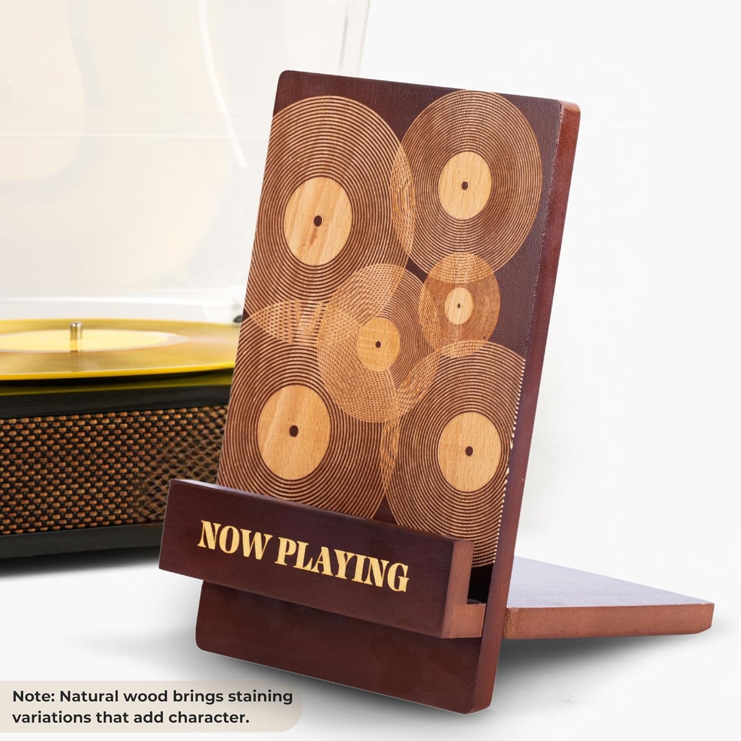 Now Playing Vinyl Record Stand – Stylish Vinyl Holder & Display for Albums – Premium Classic Wood with Engraved Design – Record Holder Stand & Accessories