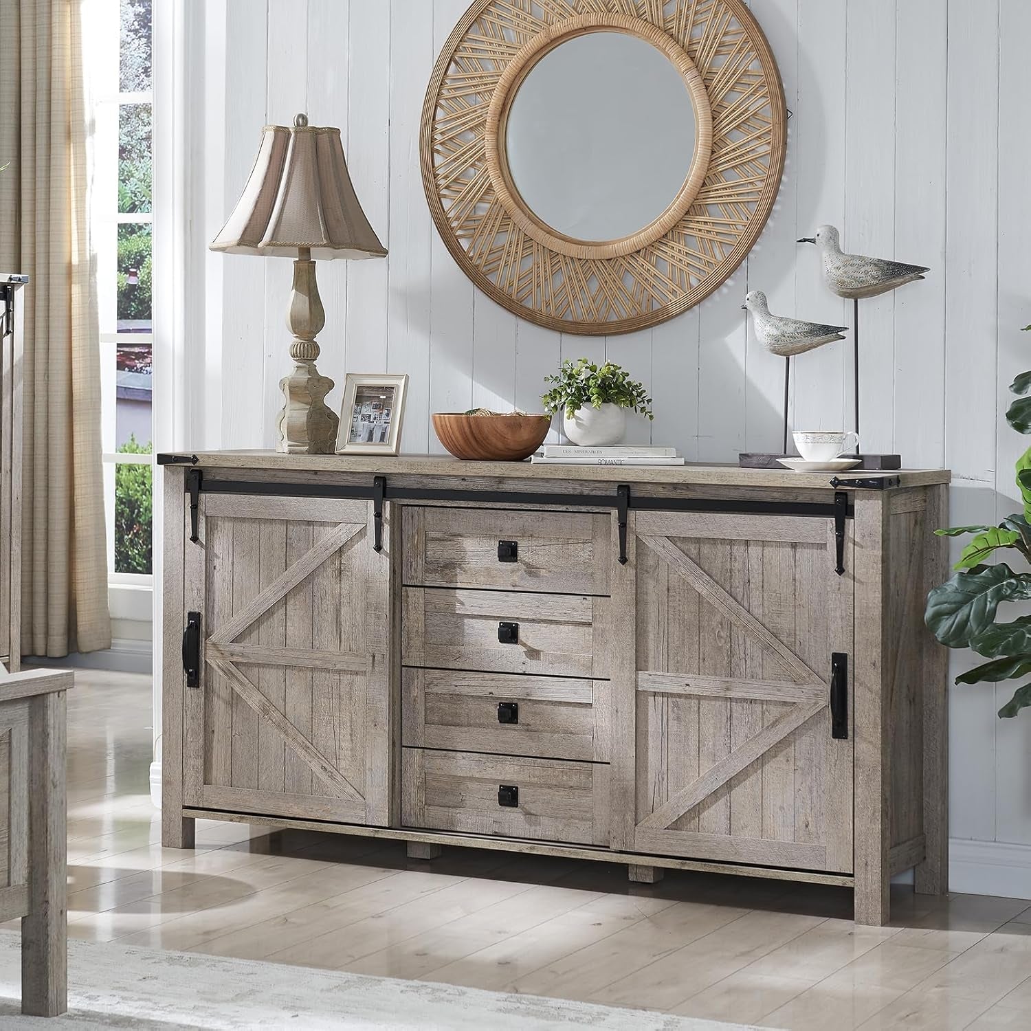 Farmhouse Sideboard Buffet Cabinet with Storage, 60" Large Kitchen Cabinet W/Sliding Barn Doors and 4 Drawers, 31.2'' Tall Rustic Wood Coffee Bar Table for Dining Room, Light Rustic Oak