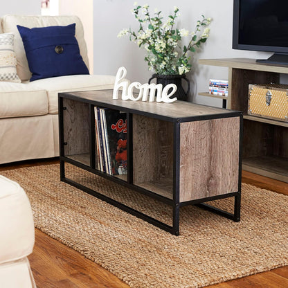 Jamestown TV Stand Coffee Table with Square Cube Storage Compartments Ashwood Rustic Wood Grain and Black Metal