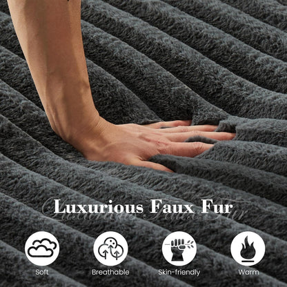 58" Oversized Chaise Lounge Chair, Fluffy Cozy Sleep Couch with 4 Striped Faux Fur Throw Pillow, Modern ‌Full Size Sofa Bed Couch for Living Room, Bedroom, Playroom, Dark Grey