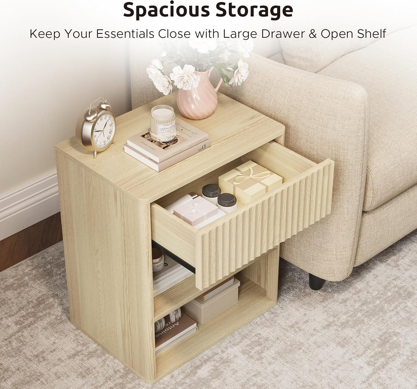 Nightstand Bedside Table Storage Drawer - Large Mid Century Modern Night Stand with Fluted Wood Drawer and Open Shelf Bed Side Table for Bedroom Study Room, Natural Oak