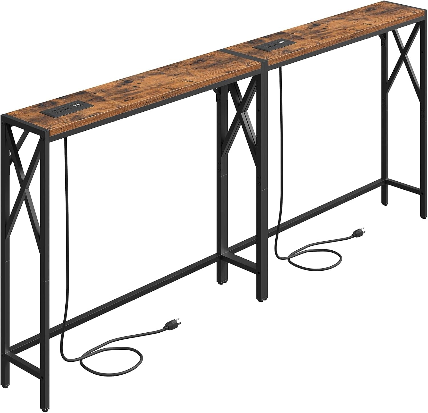 70.8'' Narrow Sofa Table with Charging Station, 2 Pack Skinny Console Table, Long Entryway Hallway Couch Table with Power Outlets, Rustic Brown CTHR152E01S2