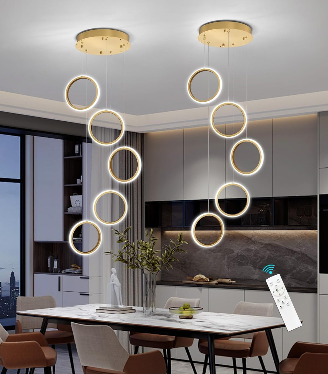 5 Rings Modern LED Chandelier Dimmable Dining Room Light Fixture with Remote 45W Gold Pendant Light for Living Room Foyer