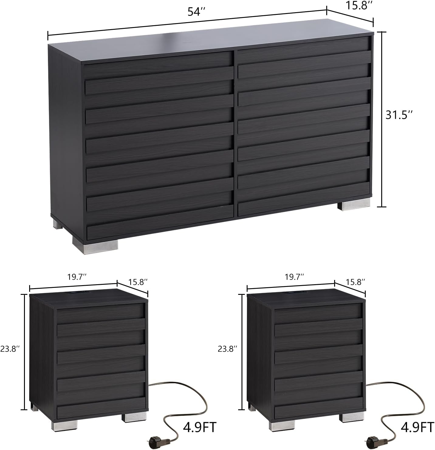 3 Pcs Bedroom Furniture Set - Includes Farmhouse 6 Drawer Dresser and Nightstand Sets of 2 with Charging Station, Slated Handles & Stainless Steel Feet, Black