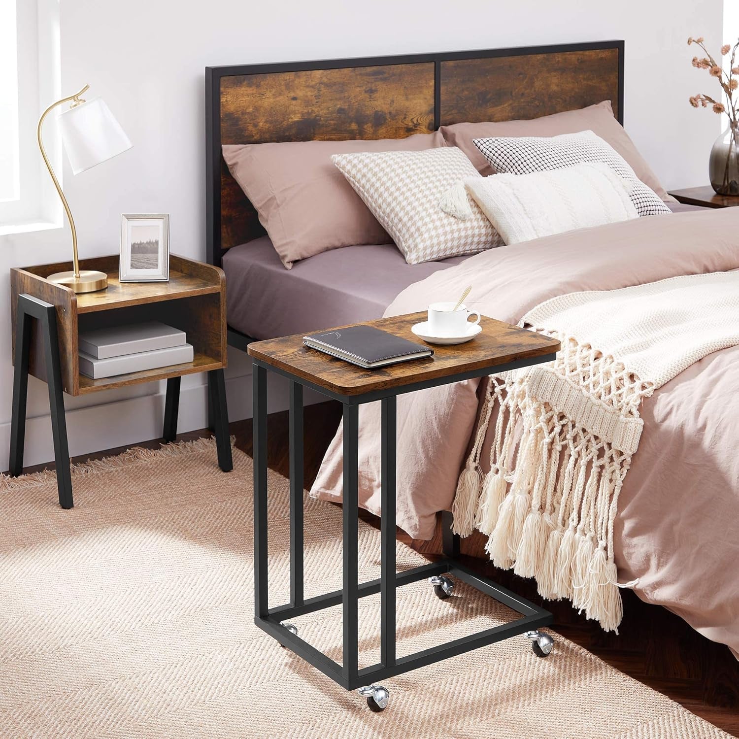 End Table, C Shaped TV Tray with Metal Frame Rolling Casters, Industrial Side Table for Living Room Bedroom, 19.7 X 13.8 X 23.6 Inches, Rustic Brown and Black