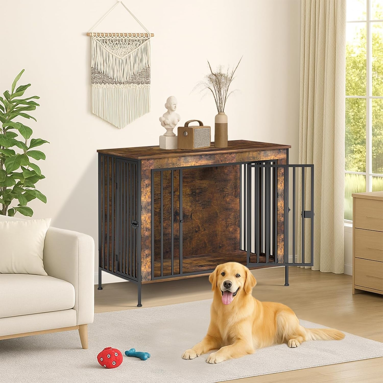 Dog Crate Furniture 78" for 2 Dogs Sturdy Heavy Duty Dog Kennel Solid Metal Tube Thick Wooden with 3 Lockable Doors XXL Double Dog Cage Large Breed as End Table for Large Dogs Rustic Brown