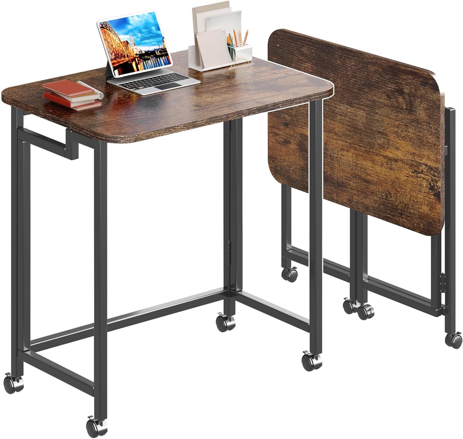 23.6" Mobile Small Rolling Computer Desk, Folding Laptop Cart Table with Wheels, Portable Office Desk for Small Space Couch Bed - Rustic Brown and Black