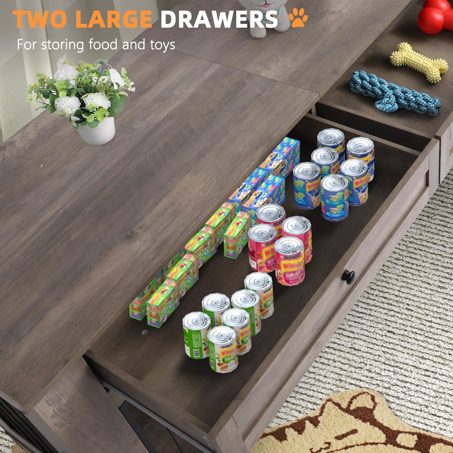 Dog Crate Furniture, Heavy Duty Dog Kennel Furniture for Medium Dogs, Wooden Double Dog Kennel Furniture with 2 Storage Drawers, Tv Stand Dog Cage with Power Outlet (White, 47“)