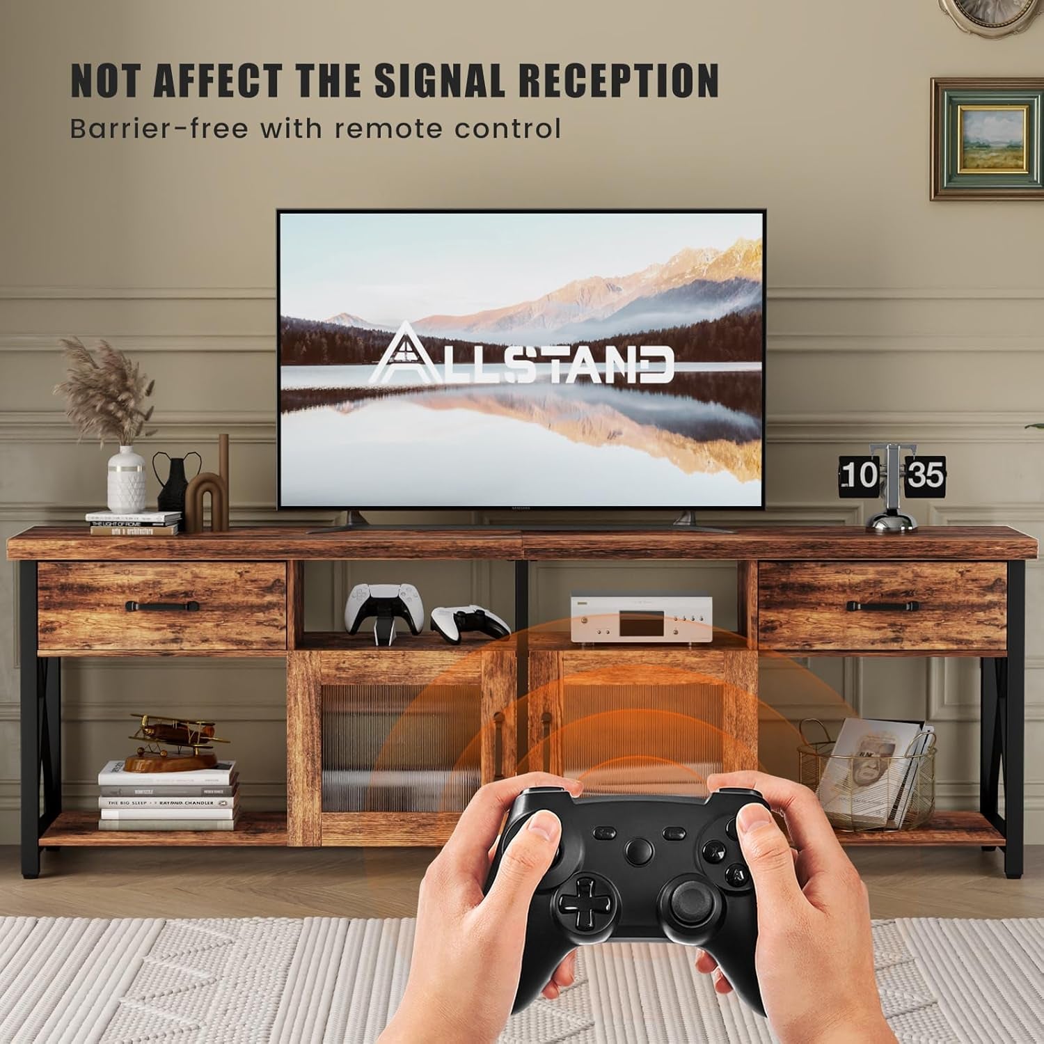 TV Stand for 75 80 Inch TV, Farmhouse Entertainment Center with 2 Drawers & Storage Cabinets, Industrial Media Console Table with Soundbar Shelf for Living Room, Bedroom, Fits Tvs up to 80"