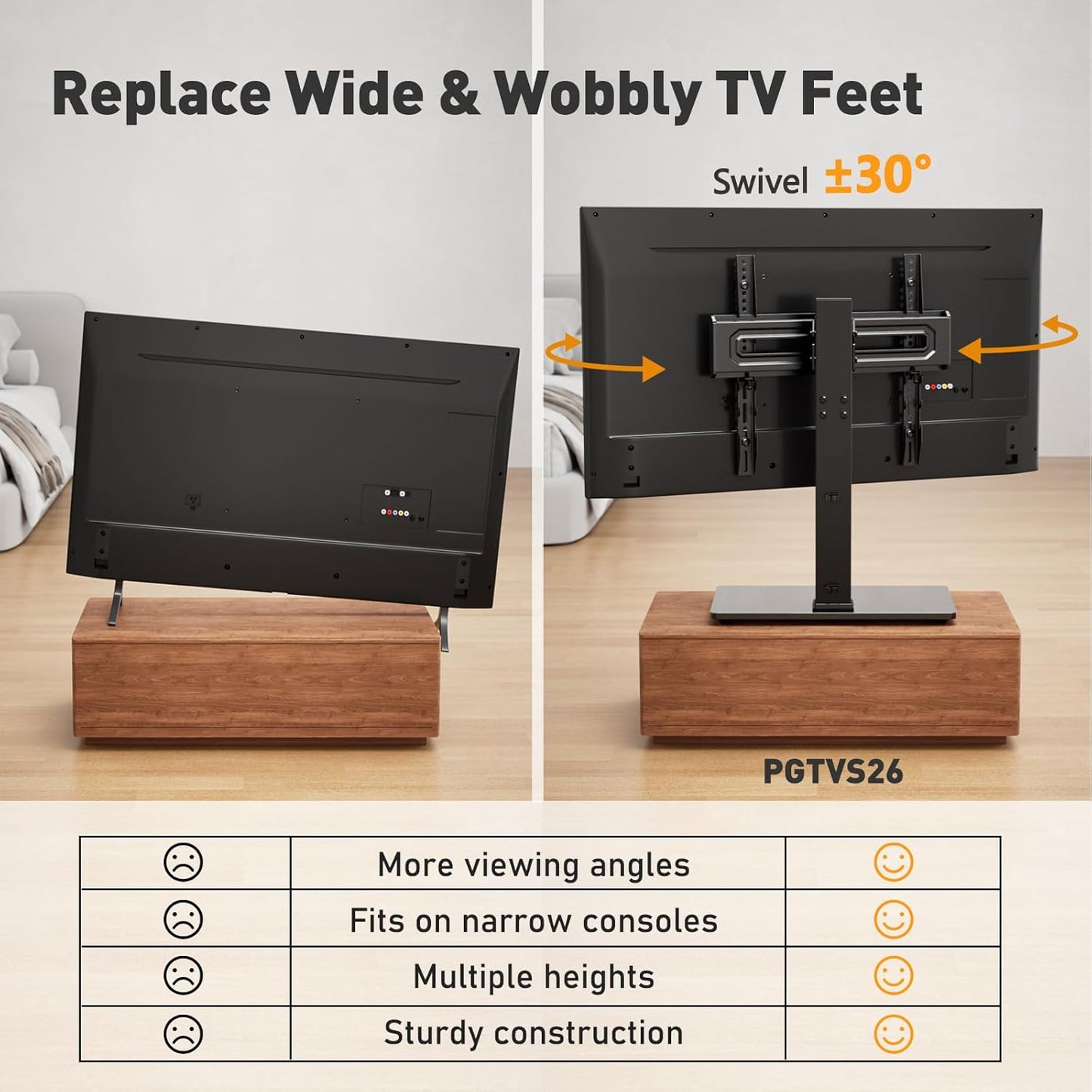 Universal Swivel TV Stand Base for 32–70 Inch Tvs, Height Adjustable Table Top TV Stand Mount with Tilt, Tempered Glass Base, Holds up to 88 Lbs, Max VESA 400X400Mm, PGTVS26