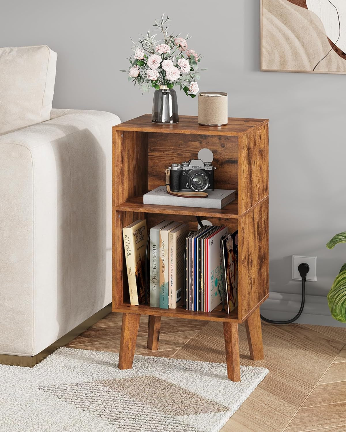 Record Player Stand, Modern Nightstand with Storage, Small Space Bedside Table, End Table for Bedroom & Living Room, Mid Century Night Stand, Rustic Brown