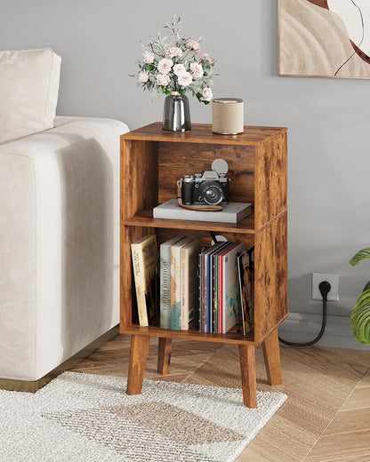 Record Player Stand, Modern Nightstand with Storage, Small Space Bedside Table, End Table for Bedroom & Living Room, Mid Century Night Stand, Rustic Brown