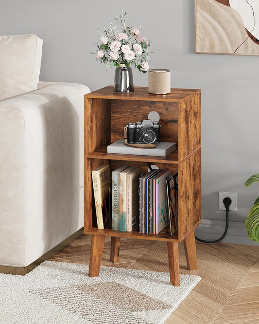 Record Player Stand, Modern Nightstand with Storage, Small Space Bedside Table, End Table for Bedroom & Living Room, Mid Century Night Stand, Rustic Brown