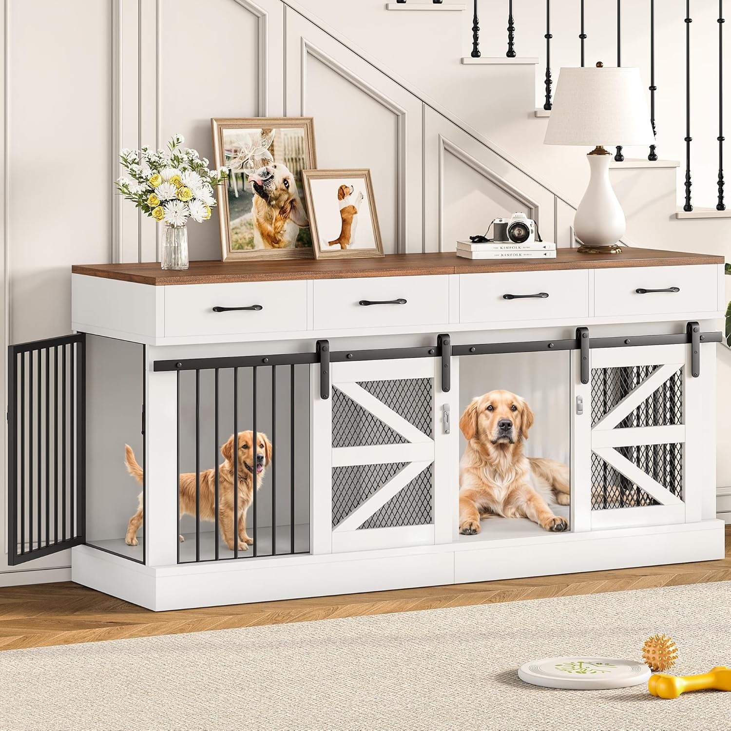Large Dog Crate Furniture, 47.2'' Dog Kennel Indoor with 3 Storage Drawers and Hidden Feeding Bowl, Sturdy Wooden Dog Crate with 2 Doors and Adjustable Shelf for Small, Medium Dogs