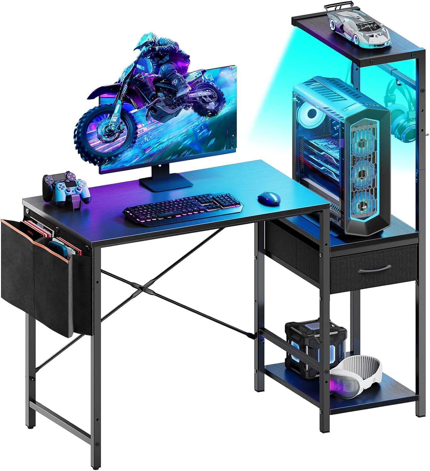 44 Inch Gaming Desk for Small Spaces, Reversible Computer Desk with Drawers & Shelves, Modern Gamer Desk Table with Side Bag & Headphone Hook for Home Office, Black