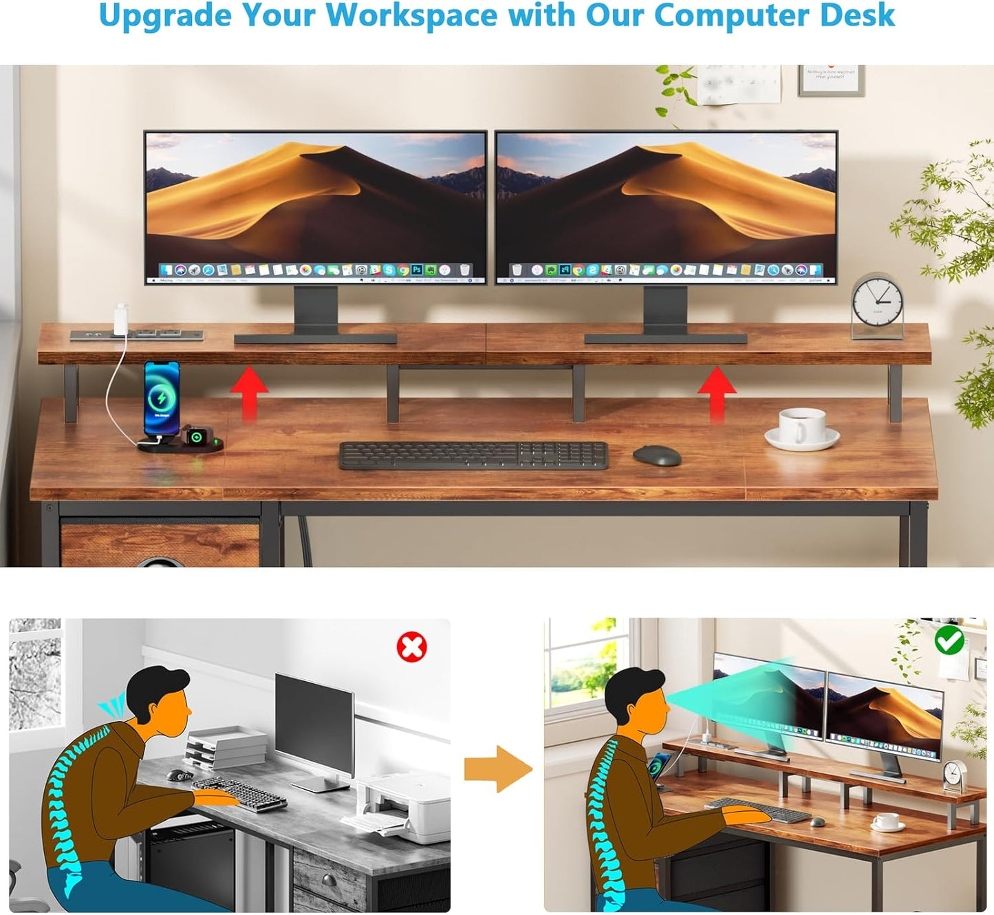 55 Inch Computer Desk Gaming with 4 Fabric Drawers with Power Outlets and LED Lights for Home Office with Full Monitor Stand and Shelf Study Table for Small Spaces Rustic Brown