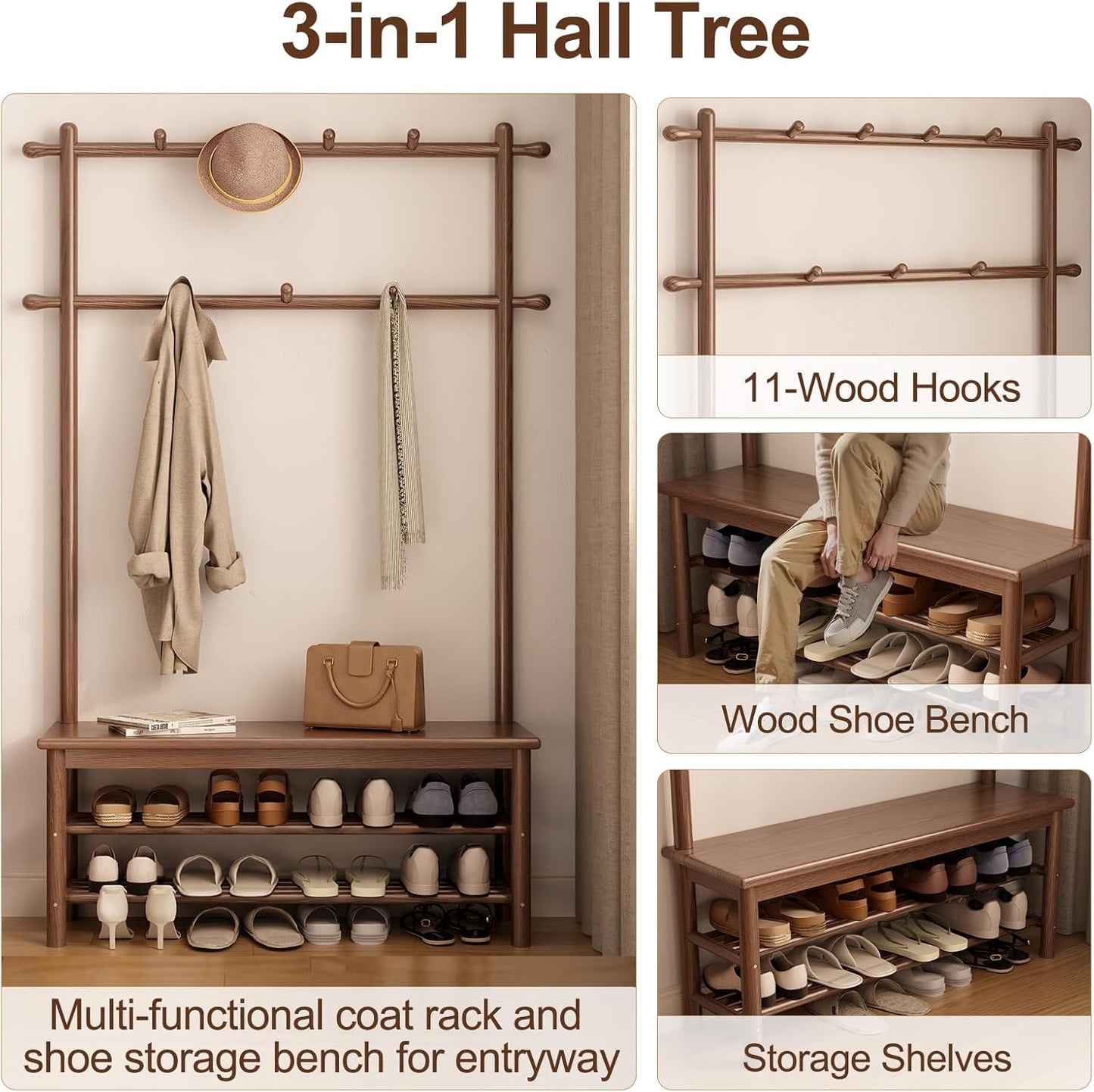 Coat Rack with Shoe Storage, Wooden Hall Tree with Bench, 11 Hooks and 2-Tier Storage Shelves, 3-In-1, Entryway Bench with Coat Rack (39.3"-Walnut)
