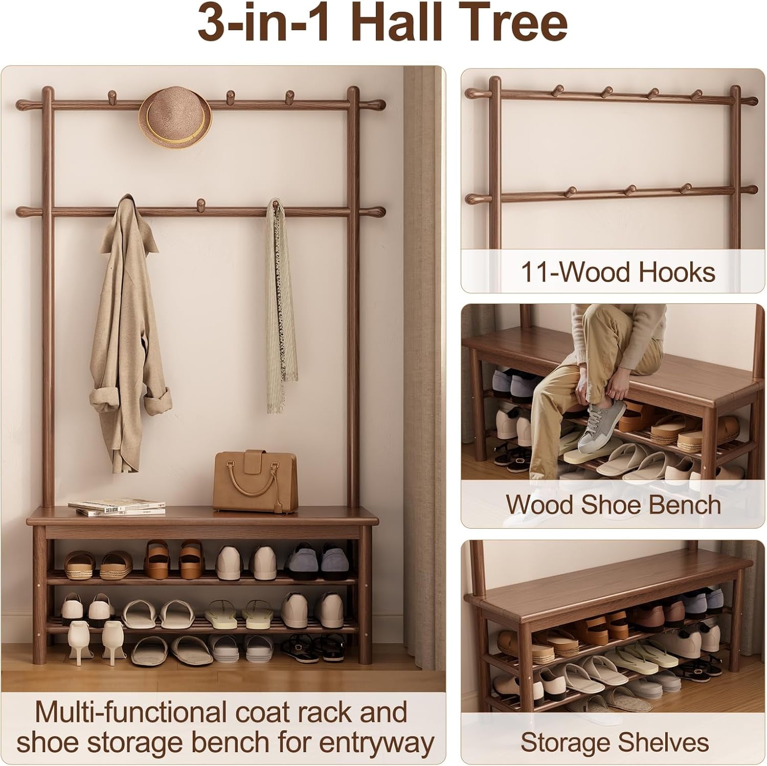 Coat Rack with Shoe Storage, Wooden Hall Tree with Bench, 11 Hooks and 2-Tier Storage Shelves, 3-In-1, Entryway Bench with Coat Rack (39.3"-Walnut)