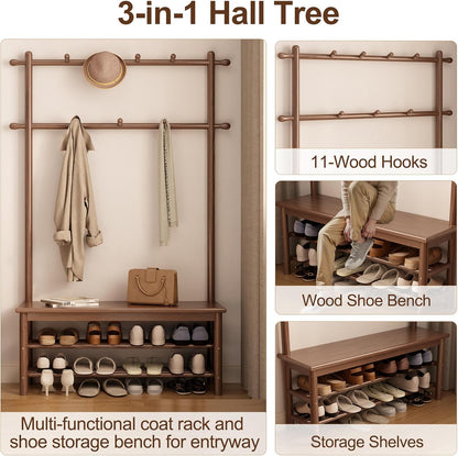Coat Rack with Shoe Storage, Wooden Hall Tree with Bench, 11 Hooks and 2-Tier Storage Shelves, 3-In-1, Entryway Bench with Coat Rack (39.3"-Walnut)