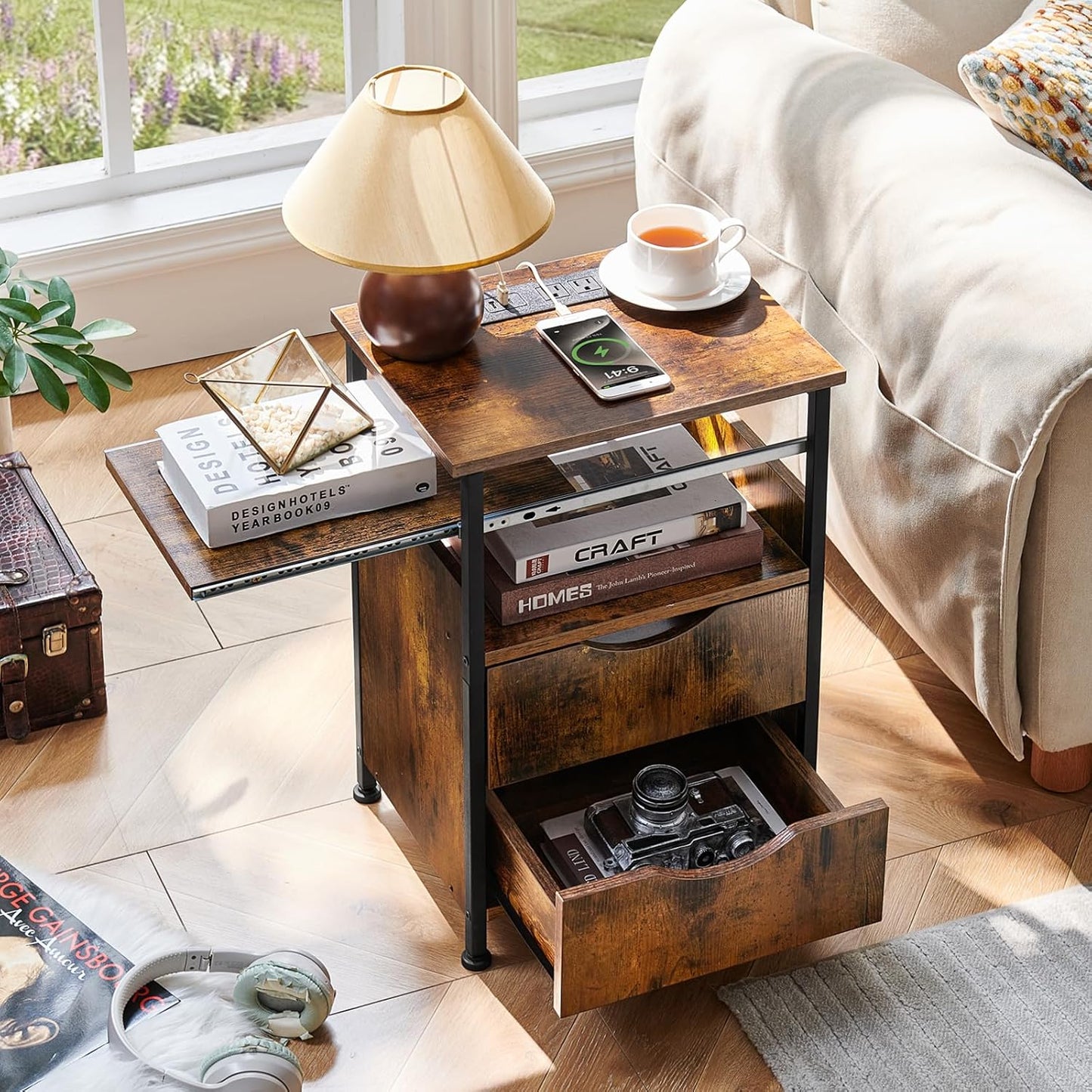 End Table with Charging Station, Narrow Side Table with 2 Drawers, Nightstand with 7 Color LED Light, Slim Bedside Table for Bedroom, Living Room, Small Spaces, Brown