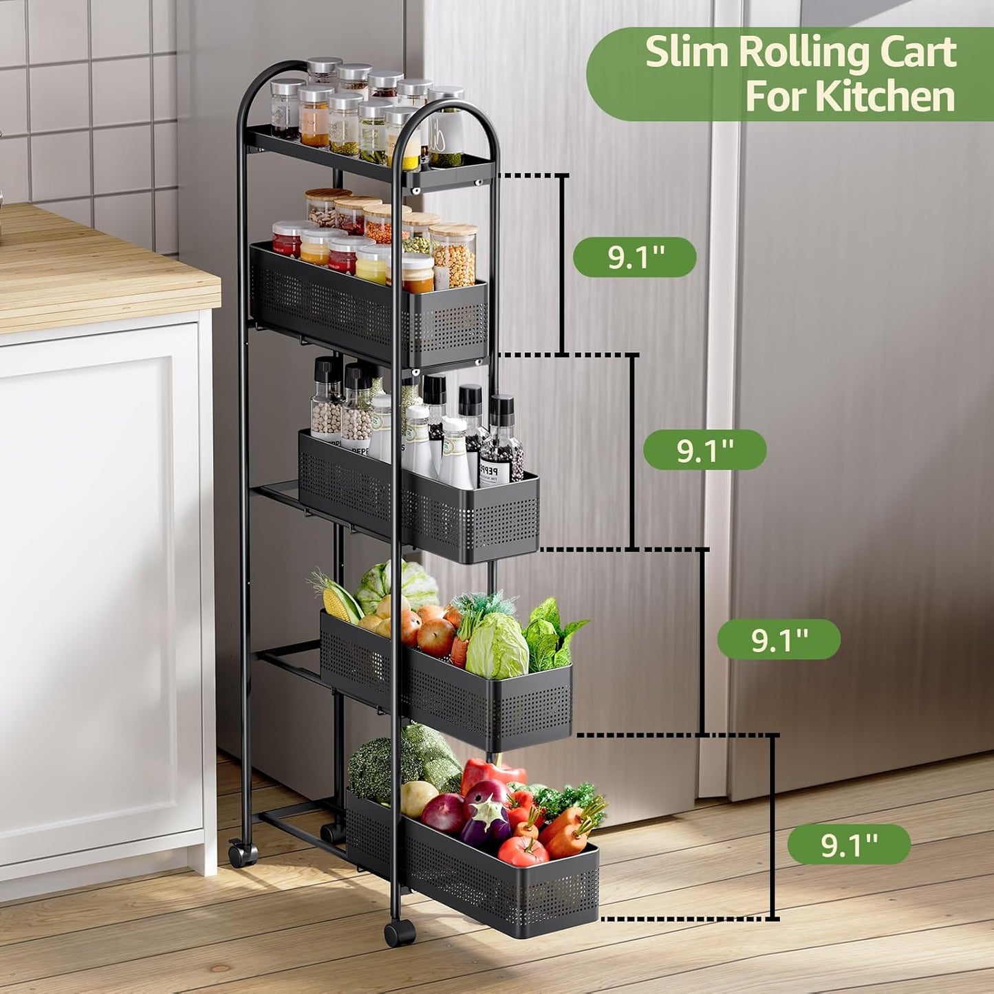 5-Tier Slim Storage Cart with Pull Out Basket, Rolling Bathroom Organizer Utility, Metal Shelving Unit Slide Out, Lockable Wheels, Easy Assembly for Narrow Place, Kitchen, Laundry Room, Black