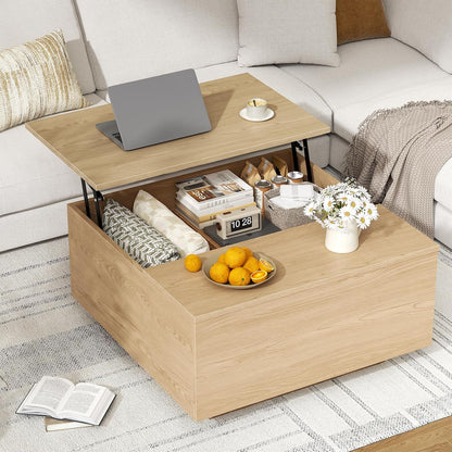 Lift Top Coffee Table, Wood Square Coffee Table with Storage, Farmhouse Coffee Tables with Hidden Storage Compartment, Center Table with Lifting Tabletop for Living Room, Home Office, Natural