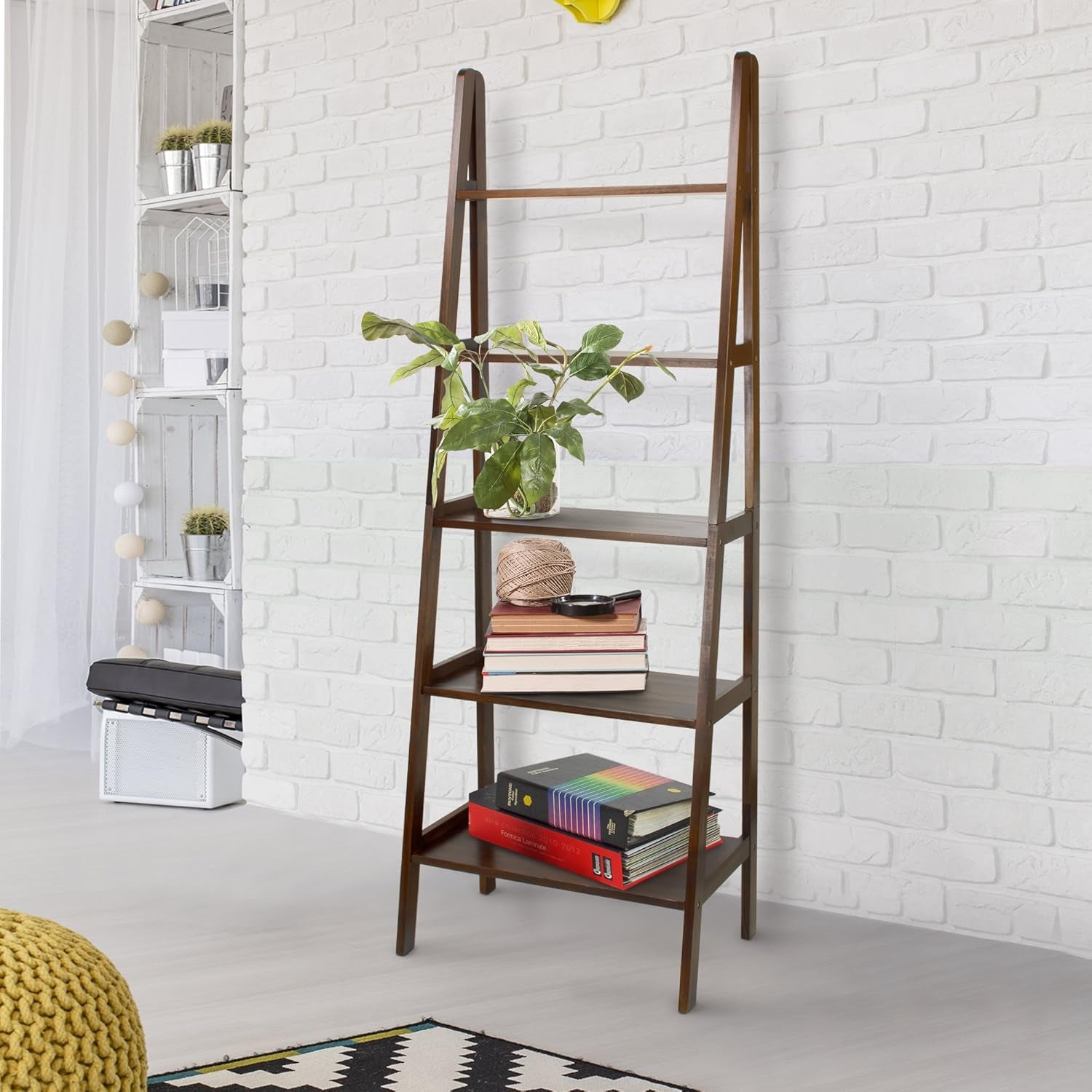 100% Solid Wood 5-Shelf Ladder Bookcase, 24.75"W X 16"D X 72"H, Warm Brown, 5-Tier Freestanding Ladder Shelf