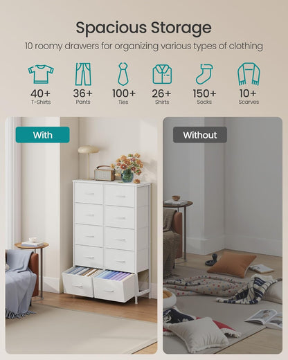 Dresser for Bedroom, Chest of Drawers, Steel, MDF, 10 Non-Woven Fabric Drawers, Storage Organizer Unit, Closet, Entryway, Cloud White and Snow White ULGS125W01S