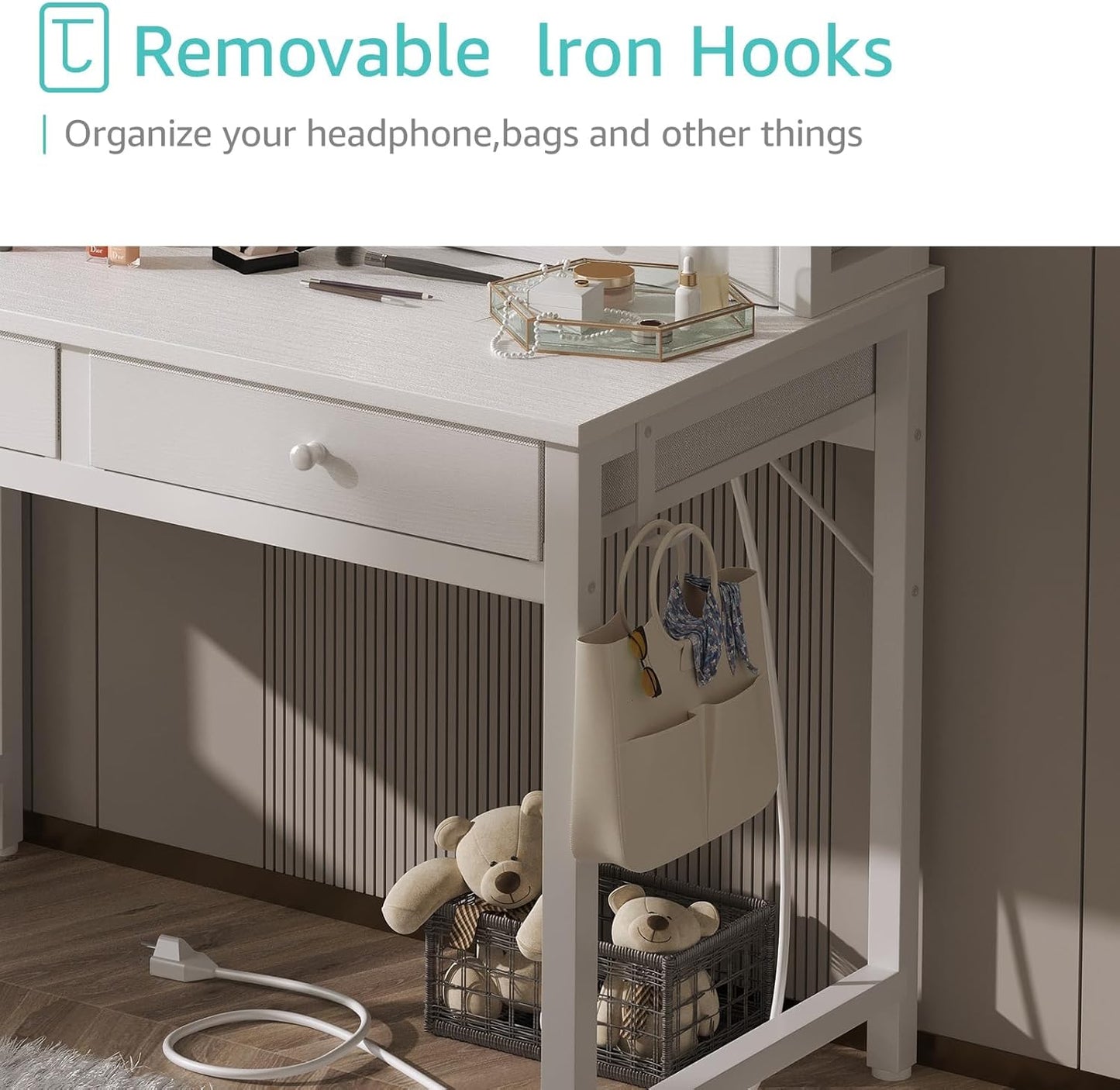 Small White Kids Desk with Fabric Drawers for Bedroom, 32 Inch Vanity Makeup Desk with Drawers Storage for Home Office, Writing Study Table with Power Outlet & Monitor Stand, White