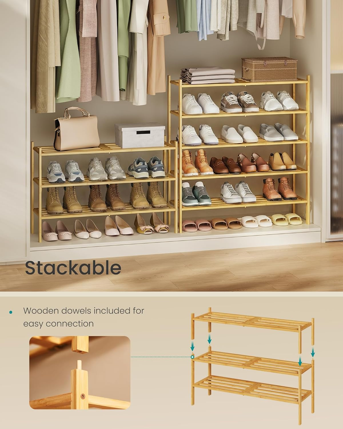 Bamboo Shoe Rack for Closet, Stackable Shoe Oragnizer with Modular Structure, Space-Saving Free Standing Shelf for Entryway Bedroom, 3-Tier, Holds 12-16 Pairs, Natural Color ULBS053YL01