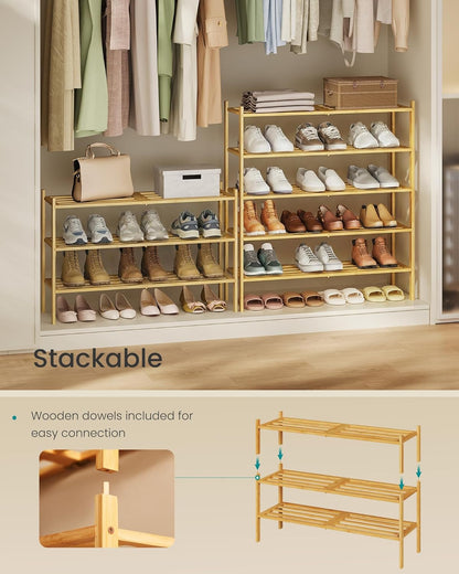Bamboo Shoe Rack for Closet, Stackable Shoe Oragnizer with Modular Structure, Space-Saving Free Standing Shelf for Entryway Bedroom, 3-Tier, Holds 12-16 Pairs, Natural Color ULBS053YL01