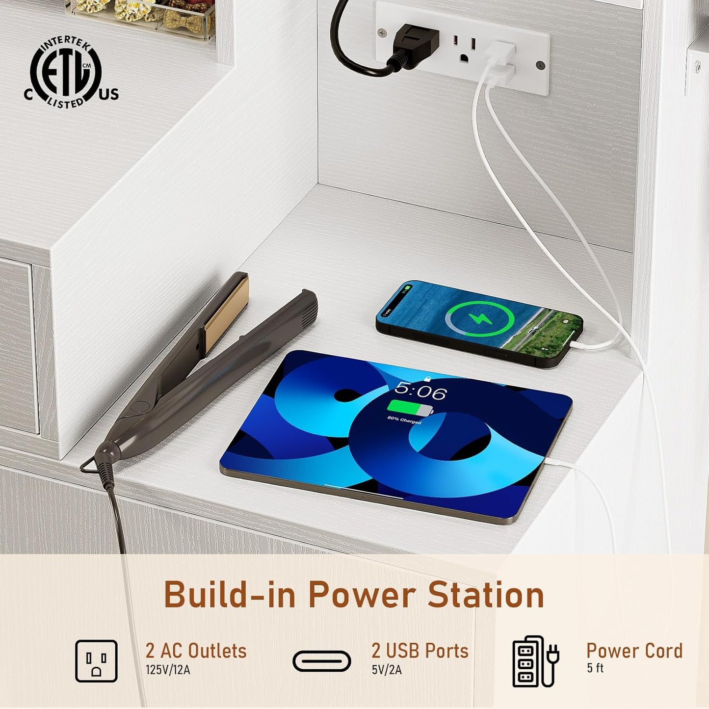 Vanity Desk with Mirror and Lights, Makeup Vanity with Storage Drawer, Power Outlet and Large Cabinet for Bedroom - White