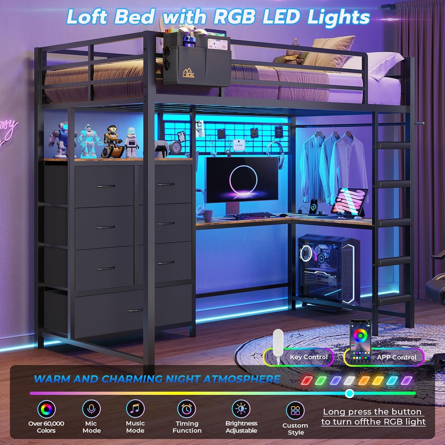 Twin Loft Bed with L-Shaped Desk and 7 Storage Drawers,Metal Twin Size Loft Bed for Kids with LED Lights and Charging Station,13.11" H Safety Guardrail and Ladder,No Box Spring Needed, Black