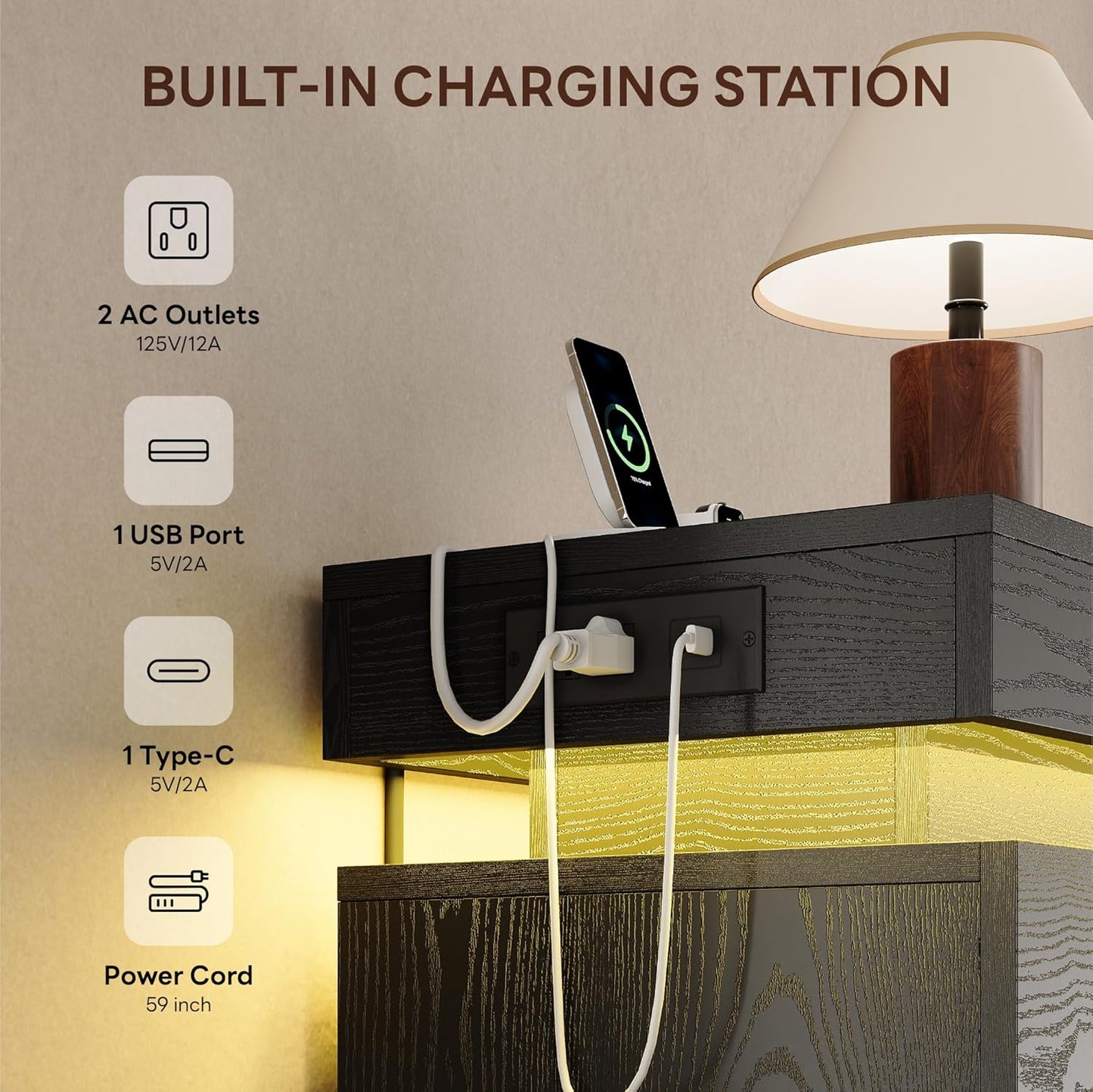 54" Tall 5 Drawer Dresser for Bedroom, Black Dresser with LED Light and Power Outlet, Wood Modern Chest of Drawers for Living Room, Entryway, Hallway