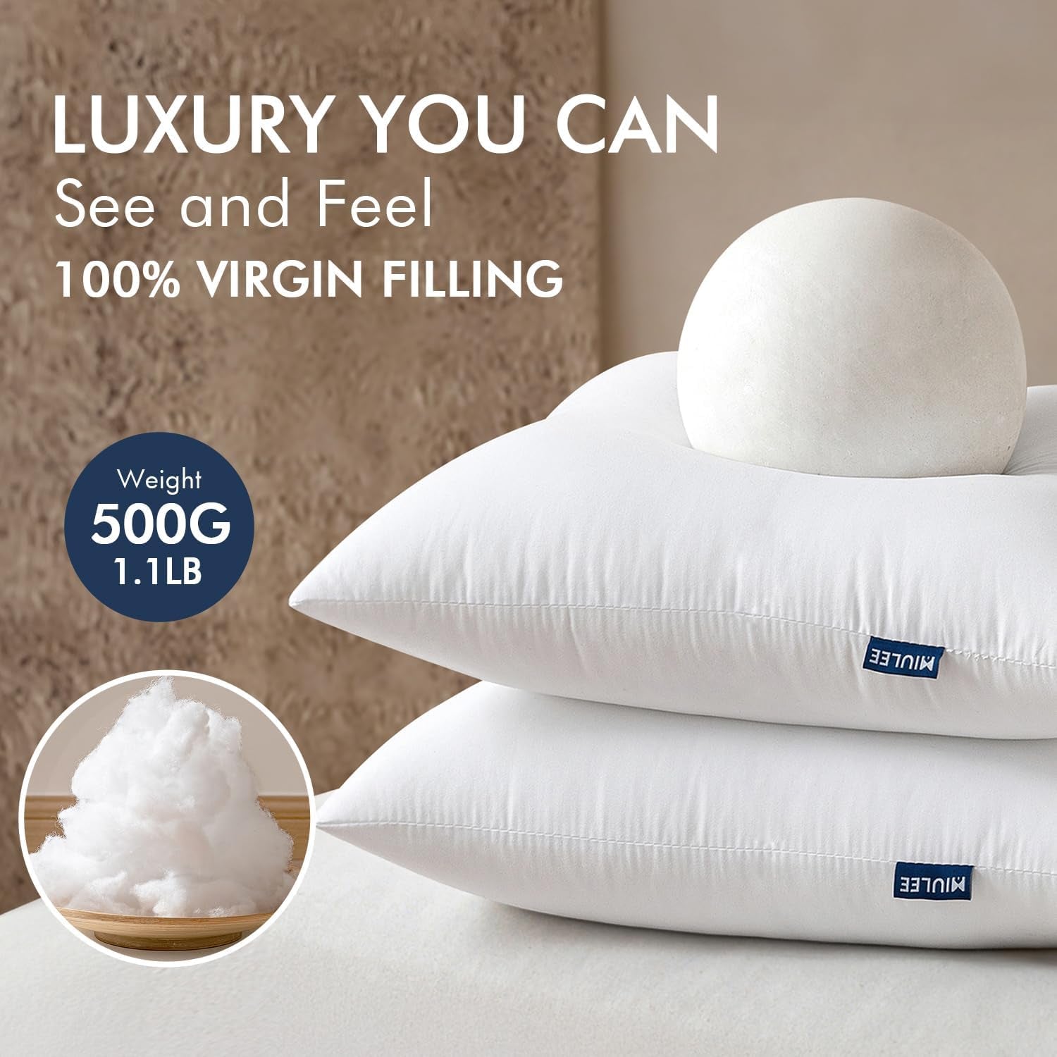 Throw Pillows Inserts, Pack of 2 18X18 Inch 100% Virgin Fiber Filling Bed Couch Pillows