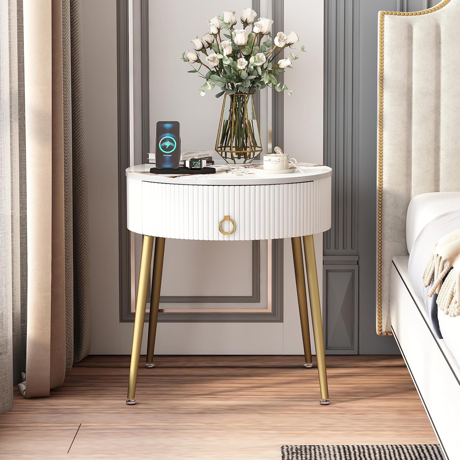 round Nightstand with Drawer, Modern Side Table with Marbling Natural Stone Tabletop and Metal Legs, Small End Table with Storage for Living Room and Bedroom, Gold
