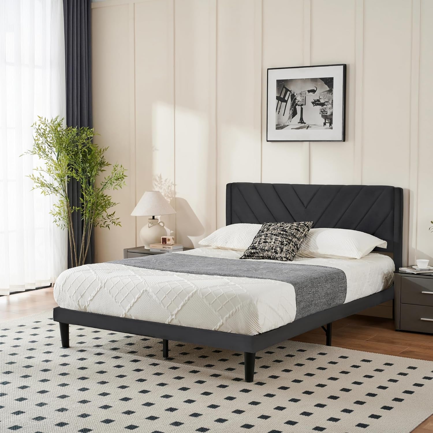 Queen Bed Frame with Headboard, Bed Frame Queen Size with Sturdy Wooden Slats Support, Platform Bed Frame with Velvet Upholstered Headboard, Mattress Foundation, Easy Assembly, No Box Spring Needed