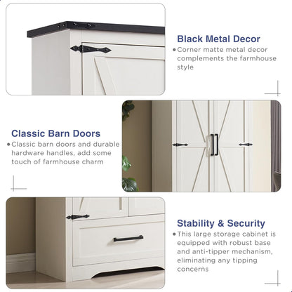 Farmhouse Kitchen Pantry Cabinet - 72" Tall Wood Kitchen Storage Cabinets with Adjustable Shelves & 2 Barn Style Doors & Drawer, Versatile Storage for Dining Room, Bathroom, Antique White