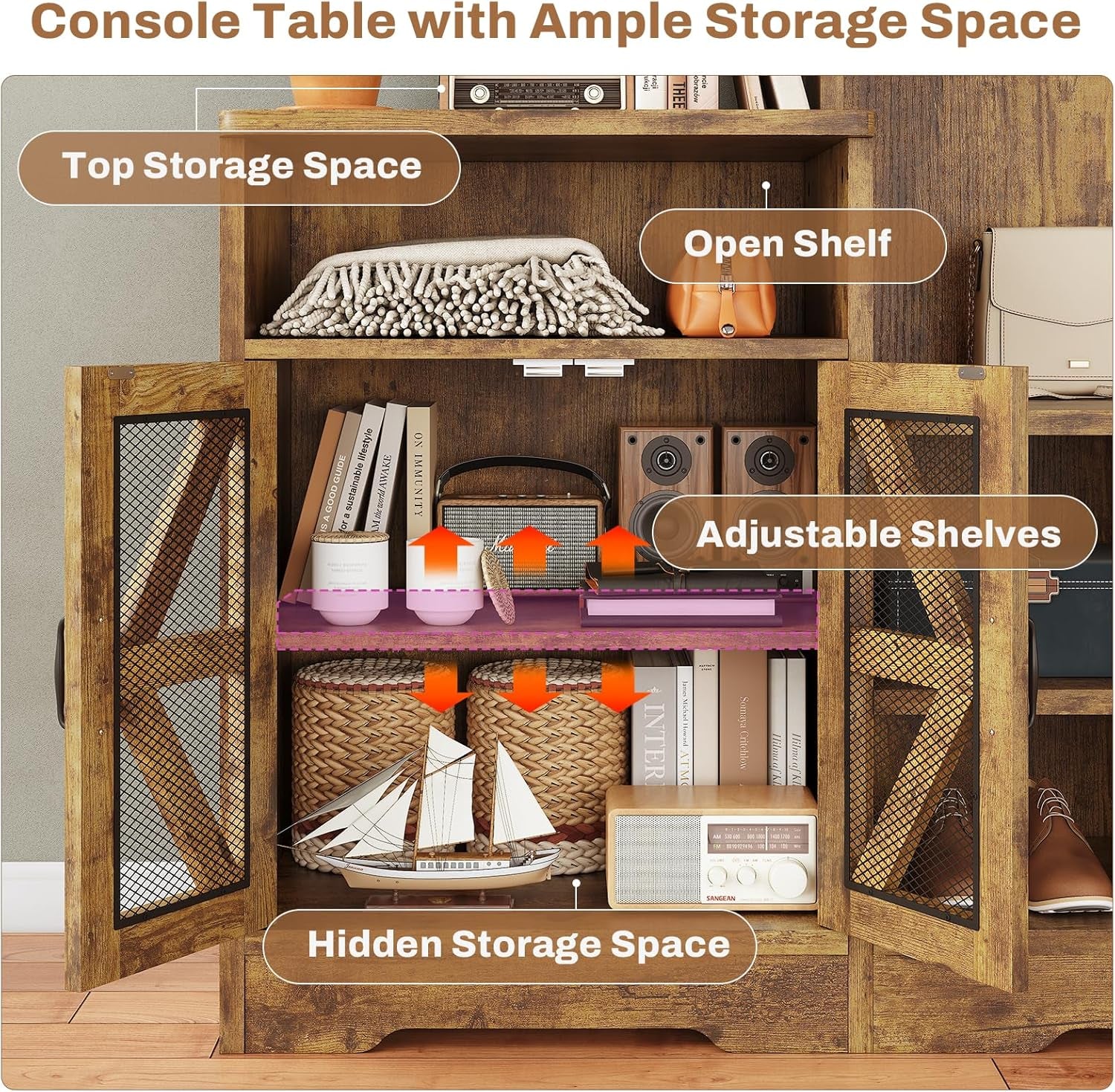 Hall Tree with Bench and Shoe Storage, Entryway Table, Entryway Furniture, 10 Compartments & 8 Double Hooks, Barn Door & Adjustable Shelf, Rustic Brown