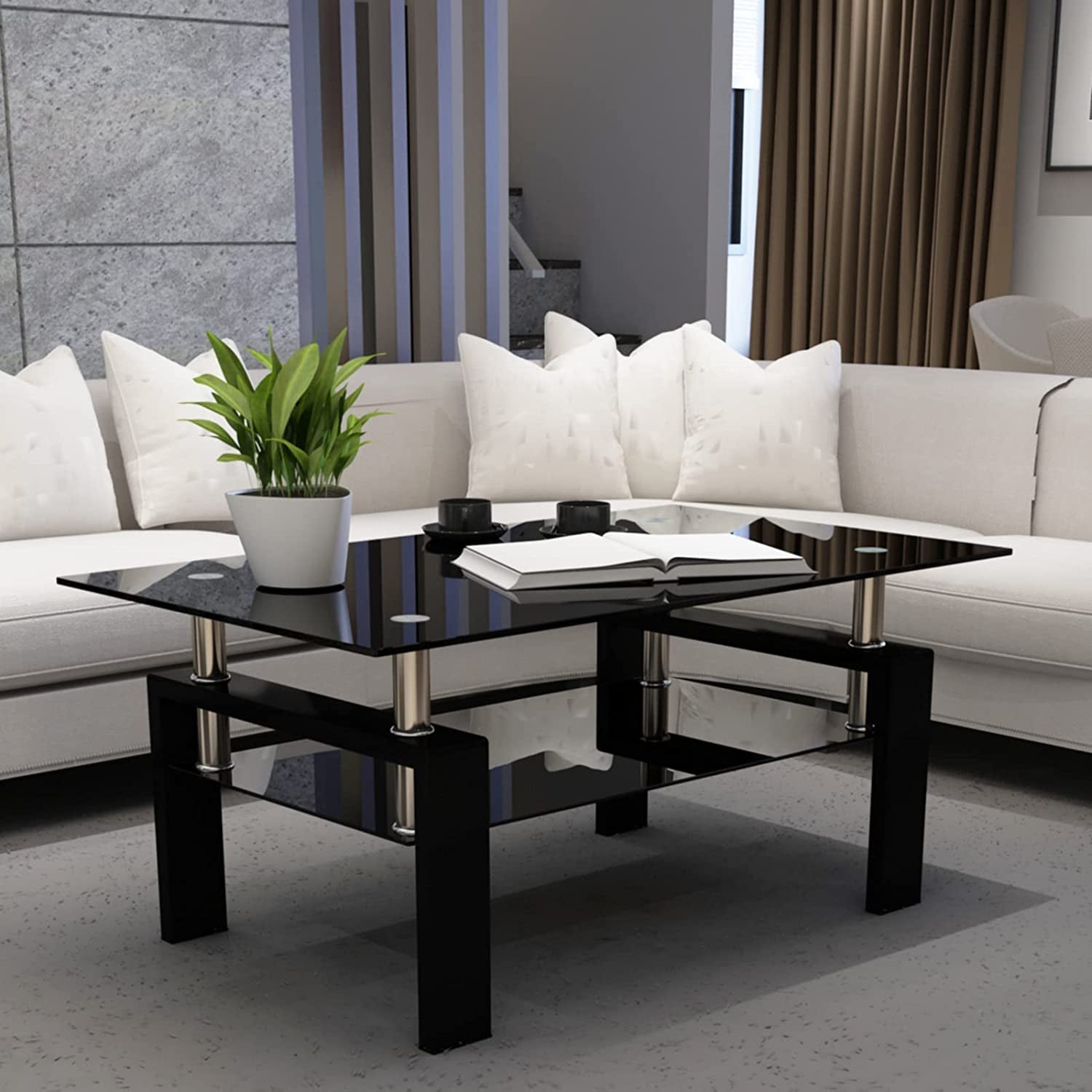 Glass Coffee Table, Black Living Room Rectangle Coffee Table with Tempered Glass & Metal Tube, 2 Layers of Storage Space Modern Tea Table Side Table for Waiting Room Small Space