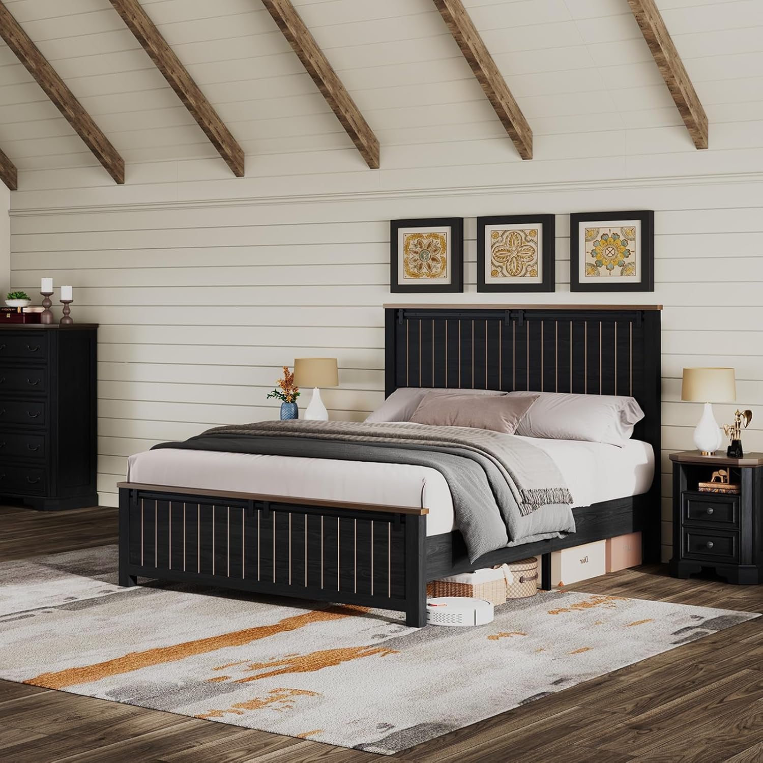 Farmhouse Queen Size Bed Frame with Sliding Barn Door, Wooden Rustic Platform Bed Frame with 47" Tall Headboard, Noise-Free, Solid Wood Slats & Metal Support, No Box Spring Needed, Dark Grey