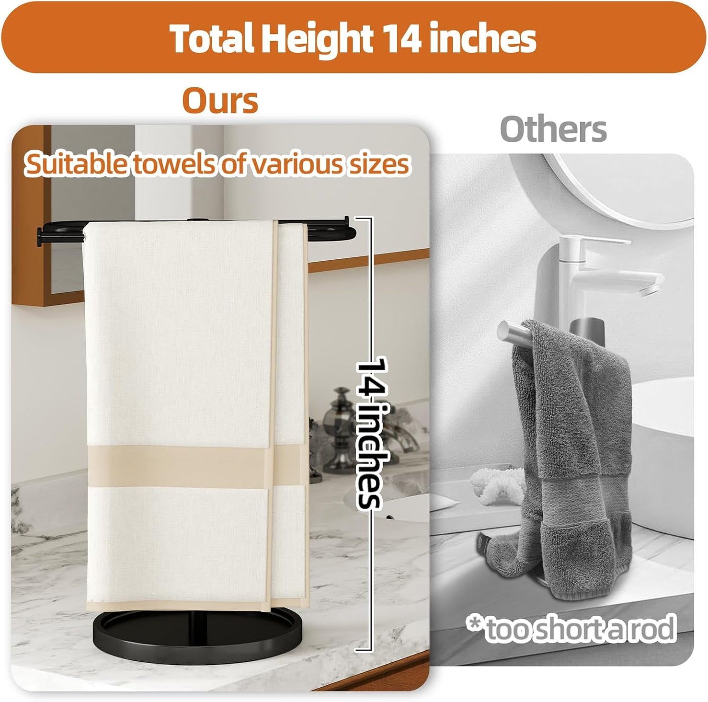 Towel Holder Stand, Stainless Steel Hand Towel Holder Rack for Bathroom Countertop, S-Shape Free Standing Towel Bar Holds 2 Towels for Kitchen Countertop, Black